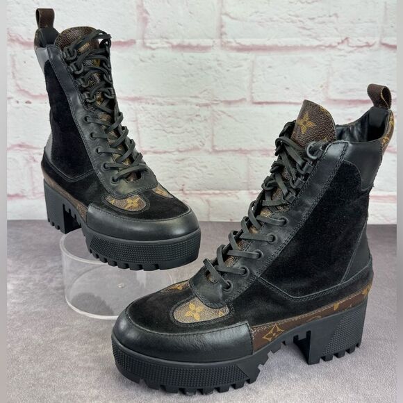 Louis Vuitton LV Monogram Suede Loreate Platform Desert Combat Boots 6.5 - Picture 1 of 15